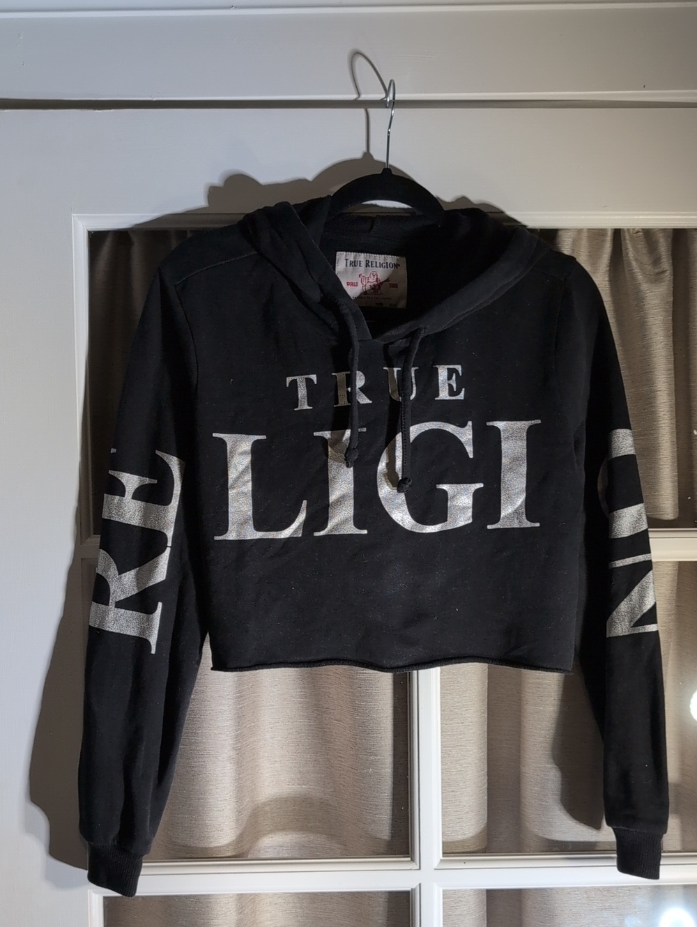 True Religion Black Cropped Hoodie with Silver Logo